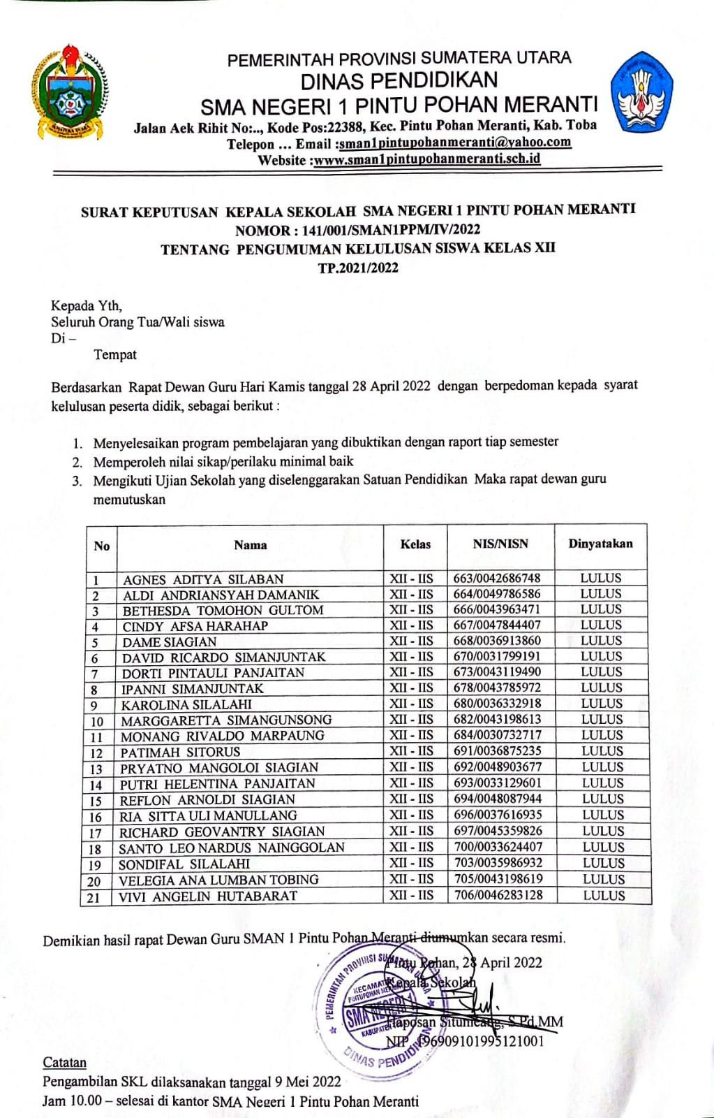 Pengumuman Kelas XII IIS