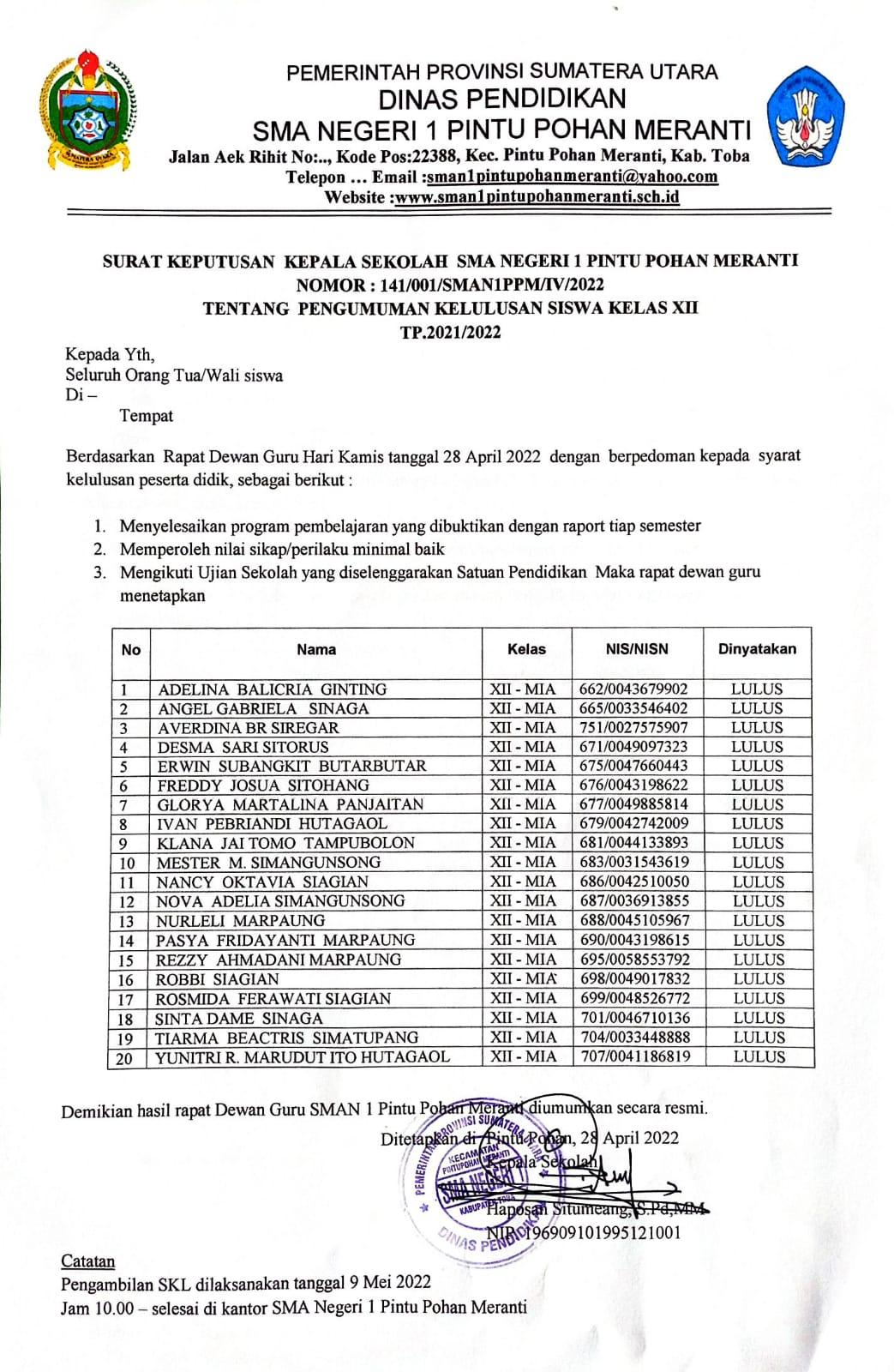 Pengumuman Kelas XII MIA